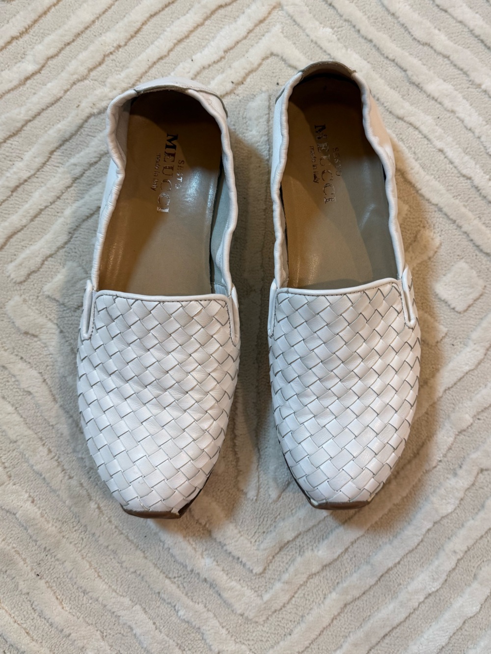 Sesto Meucci White Woven Leather Slip-Ons, 8.5